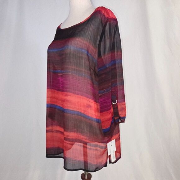 Liz Claiborne Petites Sunset Sheer Tunic Length Blouse Size Petite Large - Picture 2 of 8